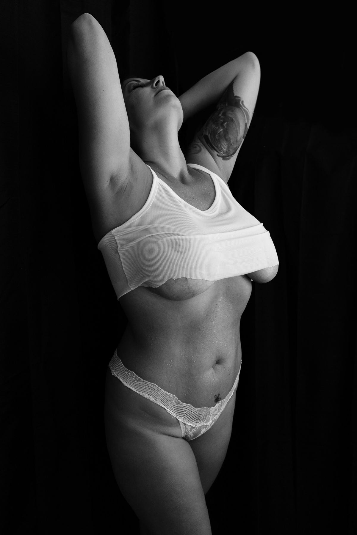 full body black and white wet t shirt boudoir